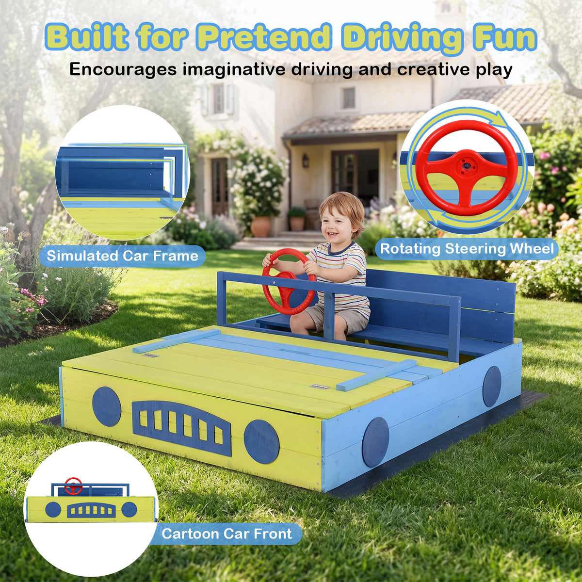 Sandpit Sandpit with Bench Folding Lid and Sandpit Liner Fir Wood Sandpit-Blue