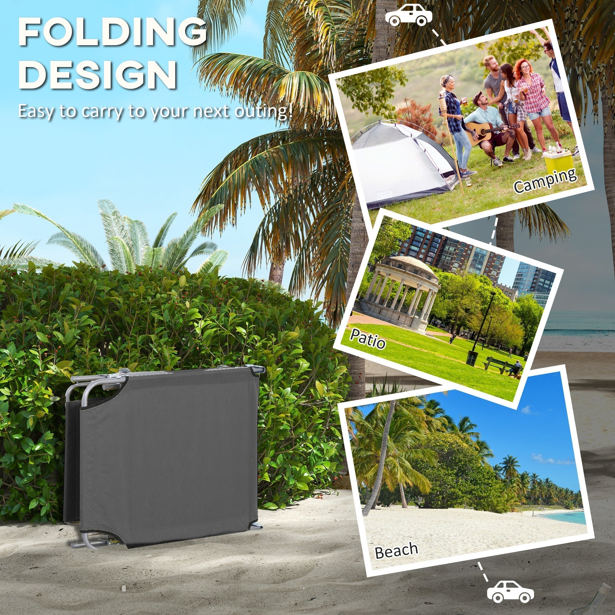 Outsunny Outdoor Foldable Sun Lounger Set of 2, 4 Level Adjustable Backrest Reclining Sun Lounger Chair with Angle Adjust Sun Shade Awning for Beach, Garden, Patio, Grey