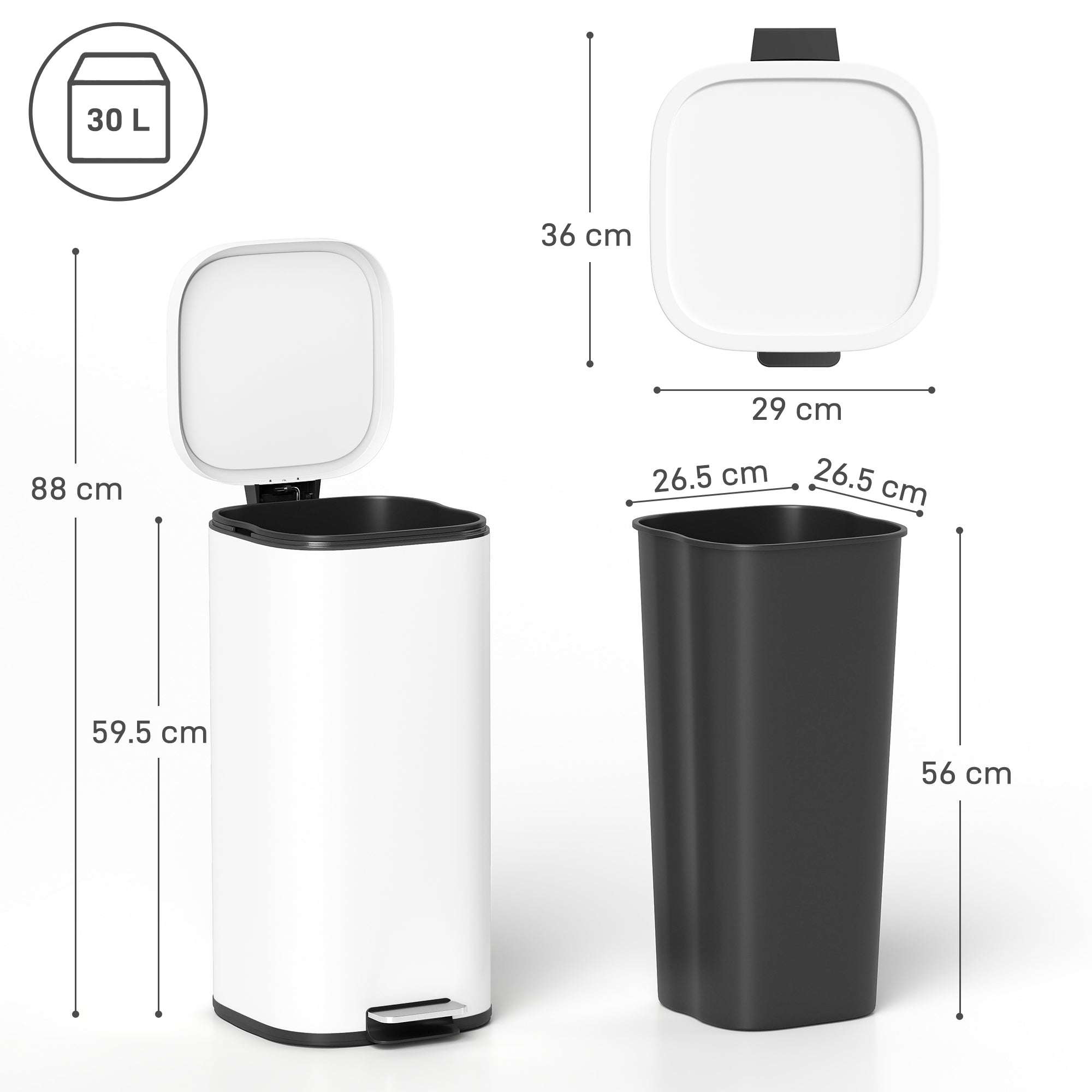 HOMCOM 30L Kitchen Bin, Compact Pedal Bin with Soft-Close and Stay-Open Lid, Removable Bucket for Kitchen, Home, Office, White