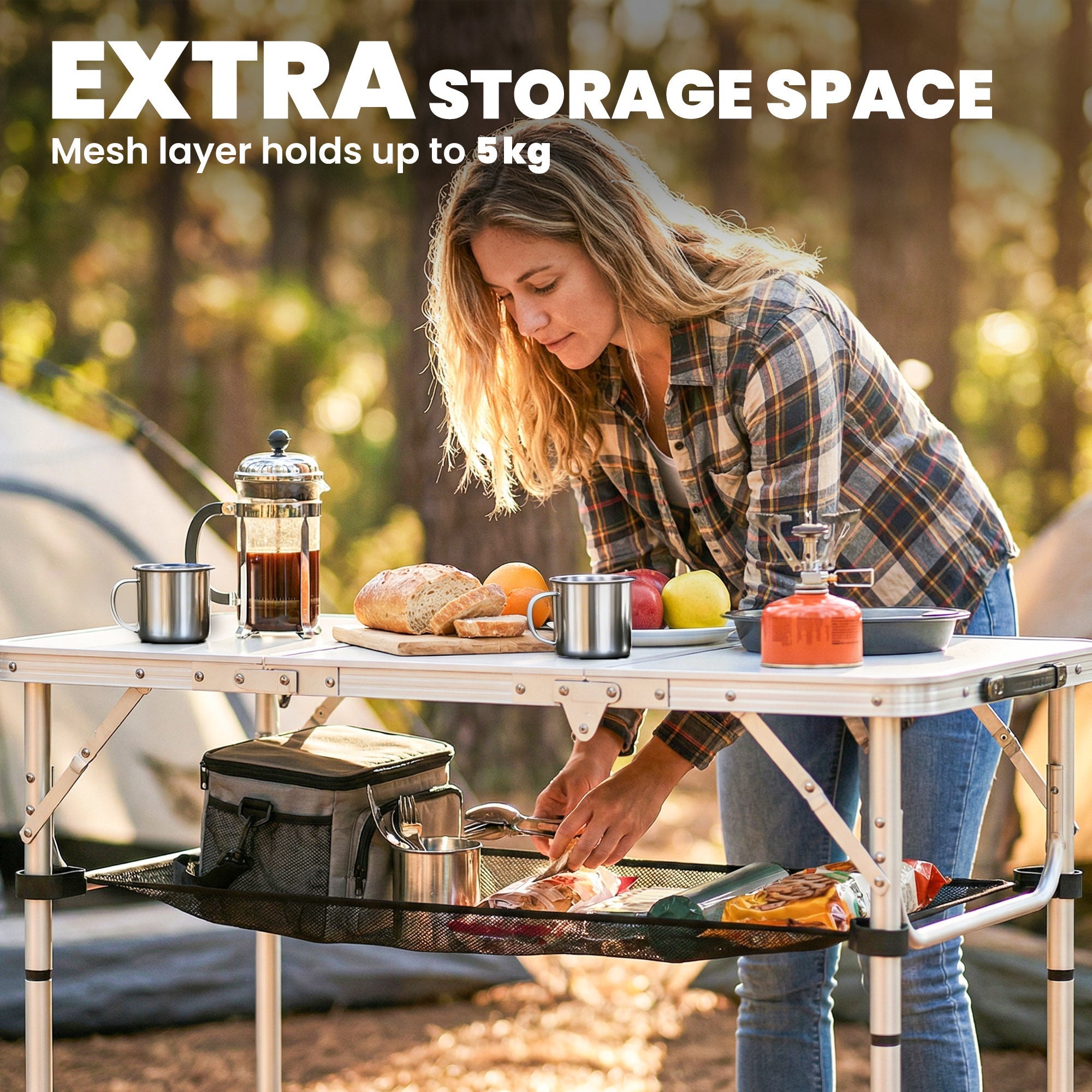 Outsunny 3ft Folding Camping Table, Picnic Table with Mesh Storage Layer, Carrying Bag and Metal Frame, Cream White