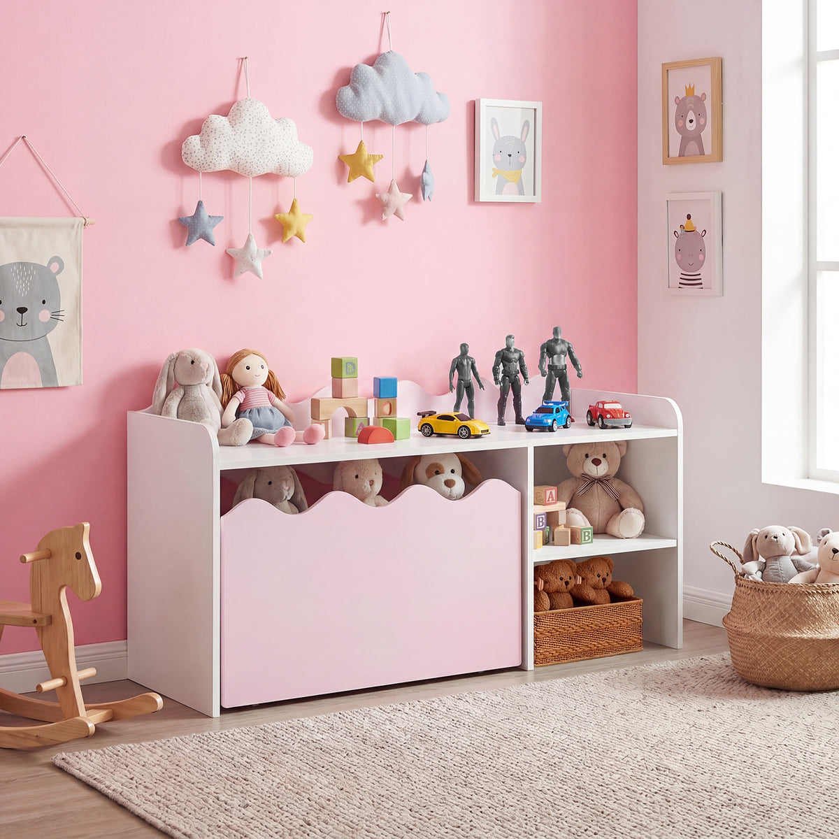 Scalloped Kids Bookshelf with Movable Drawer and Anti-Toppling Kit for Playroom-Pink
