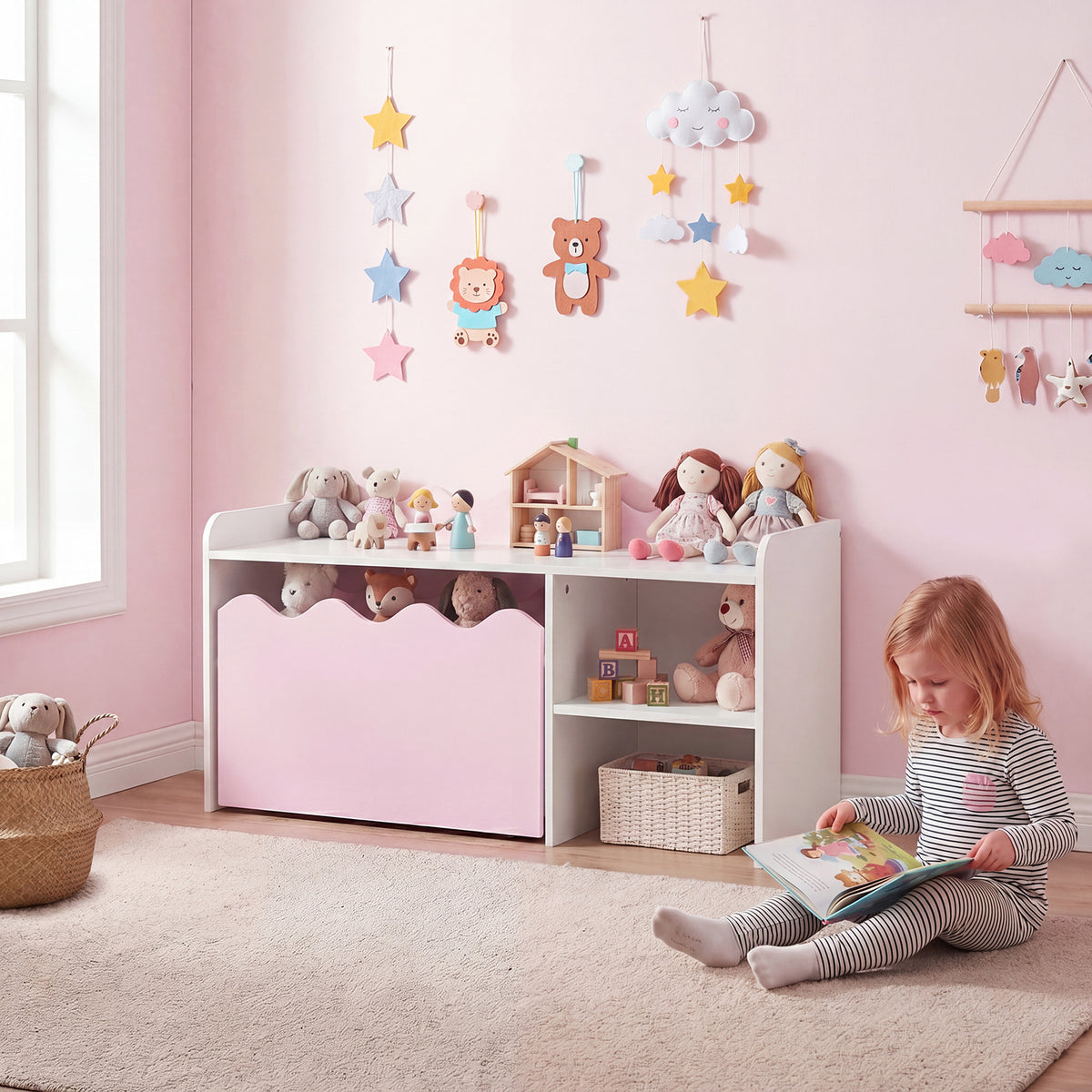 Scalloped Kids Bookshelf with Movable Drawer and Anti-Toppling Kit for Playroom-Pink