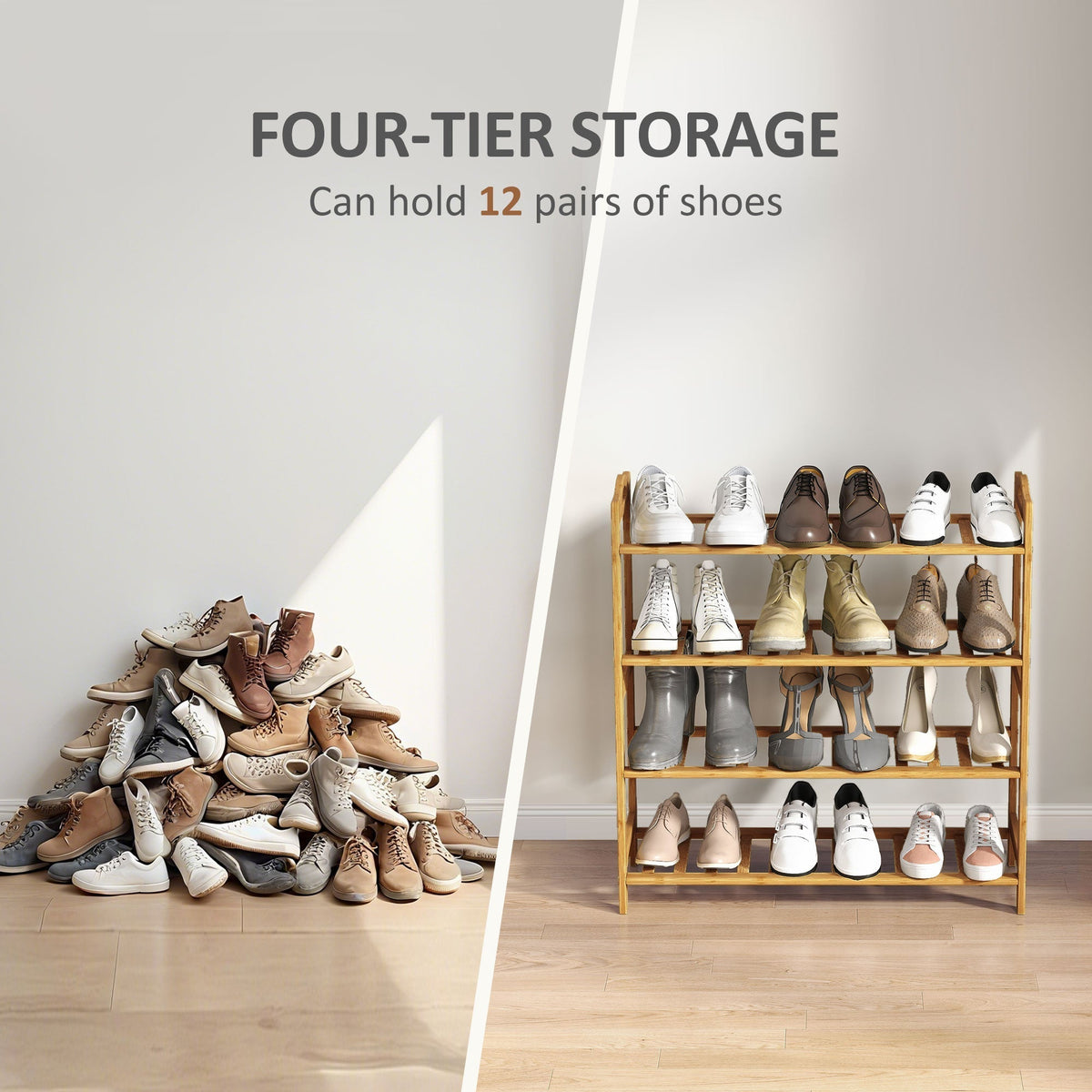 HOMCOM Freestanding Bamboo Shoe Rack, 4-Tier Shoe Shelf Stand for Hallway, Living Room, Bedroom, Natural Wood Finish