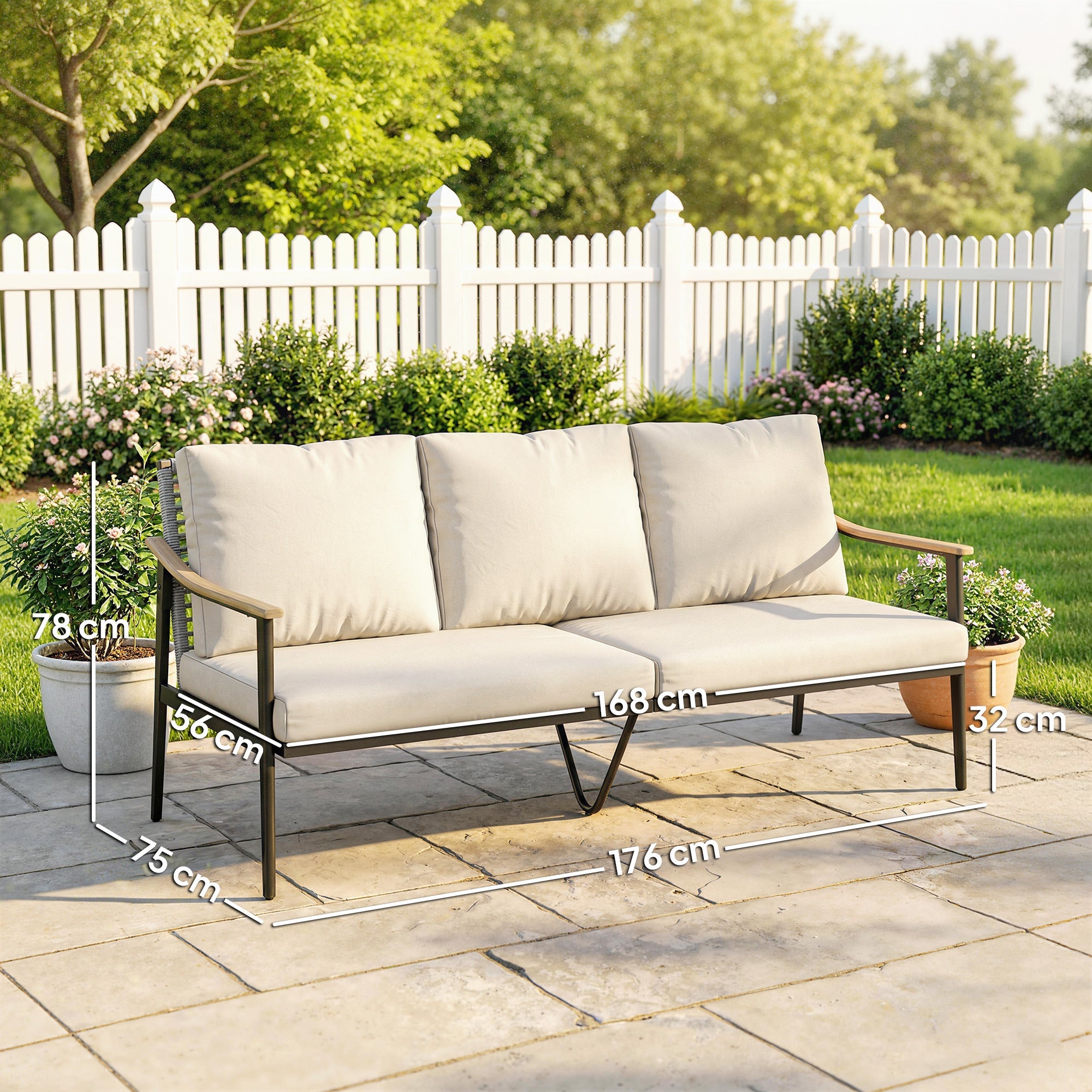 Outsunny 3 Seater Rattan Sofa, Outdoor Garden Sofa with Wood-Effect Armrests, Cushions for Patio, Balcony, Khaki