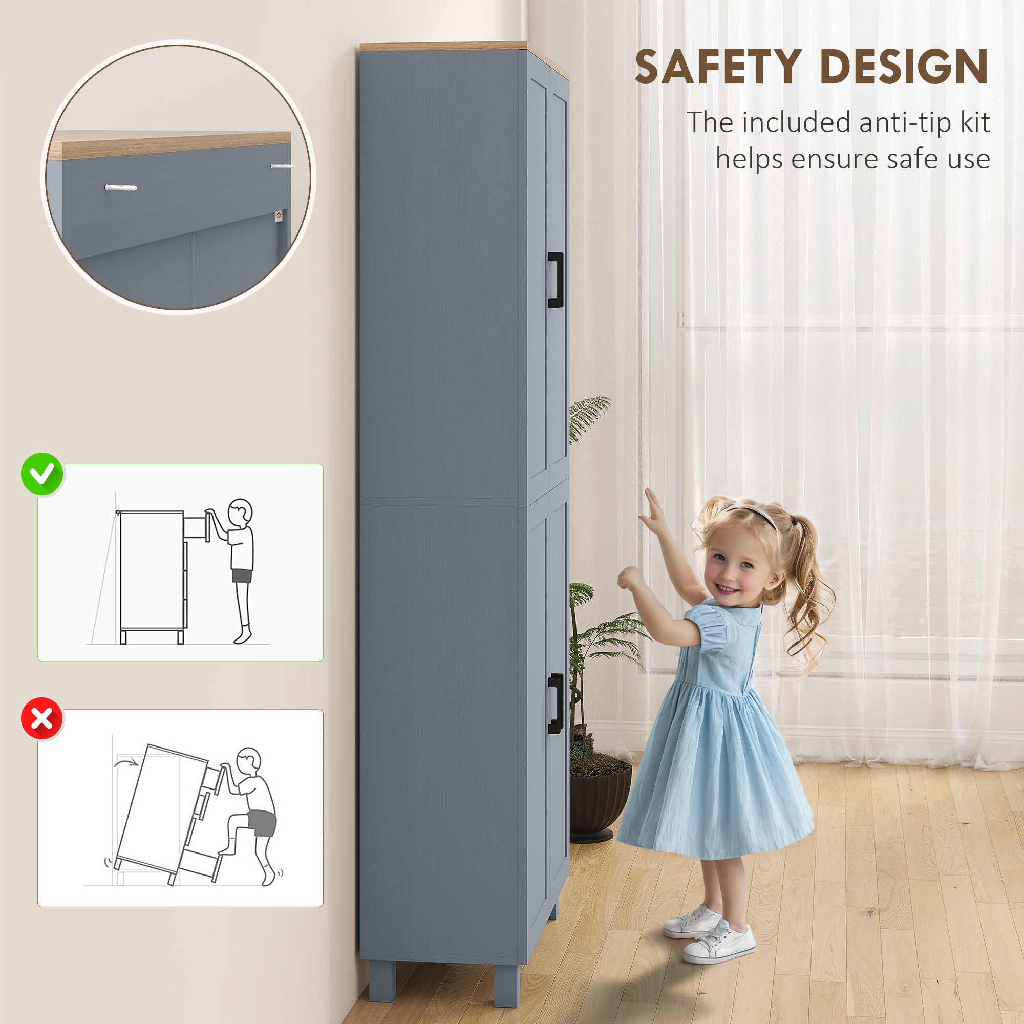 HOMCOM Freestanding Kitchen Cupboard, 4-Door Storage Cabinet with Adjustable Shelves, Modern Kitchen Pantry for Dining Room, 170cm, Grey Wood Effect