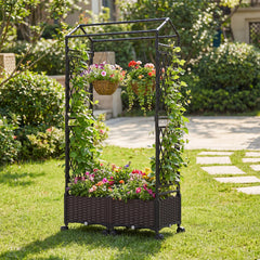 Self-Watering Planter Boxes with Lattice Trellis and Roof for Climbing Vine-Brown
