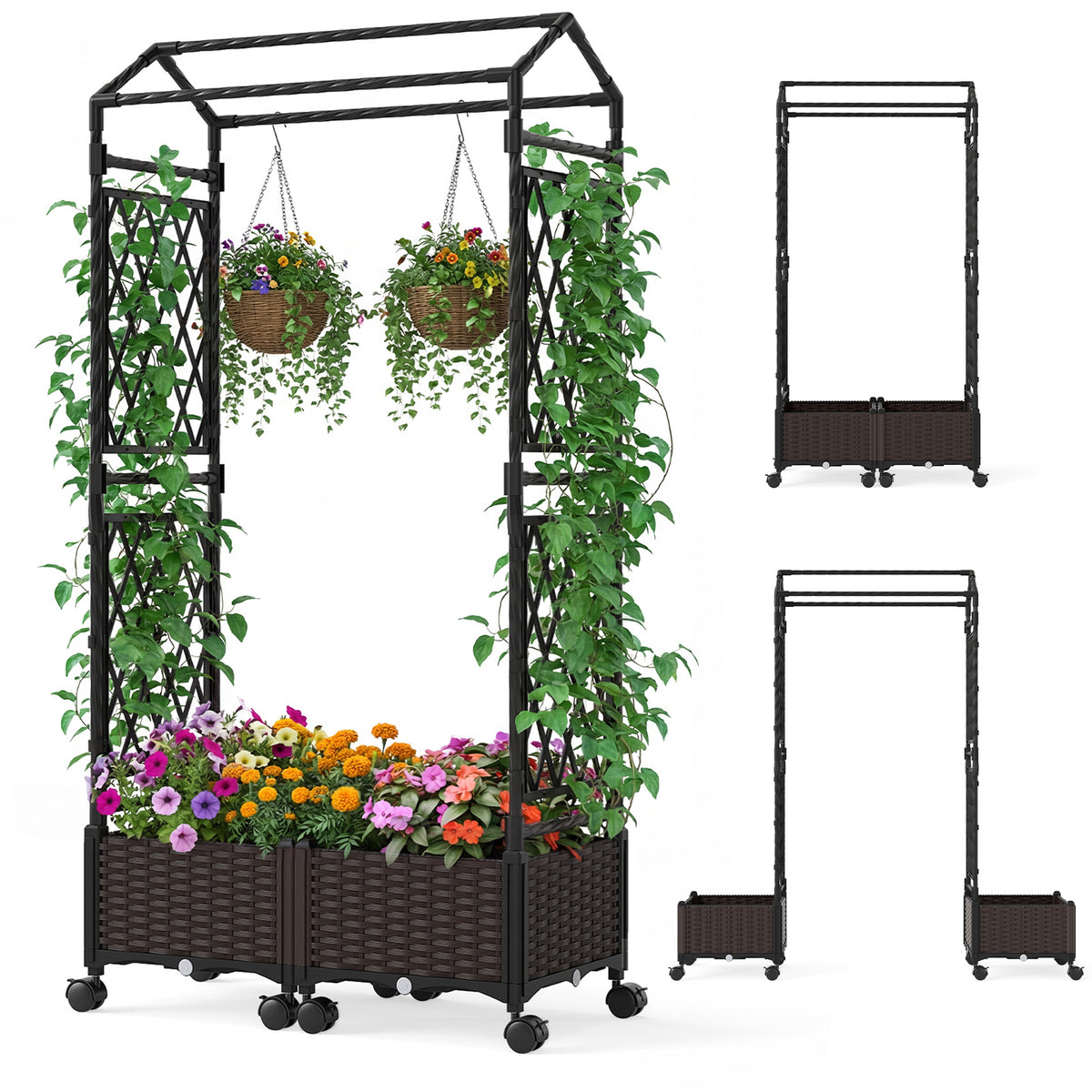 Self-Watering Planter Boxes with Lattice Trellis and Roof for Climbing Vine-Brown