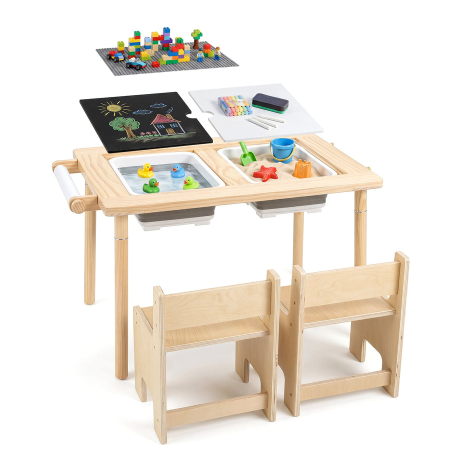 Sensory Table Set 3-Piece Kids Activity Table and Chair Set with Adjustable Height-Natural
