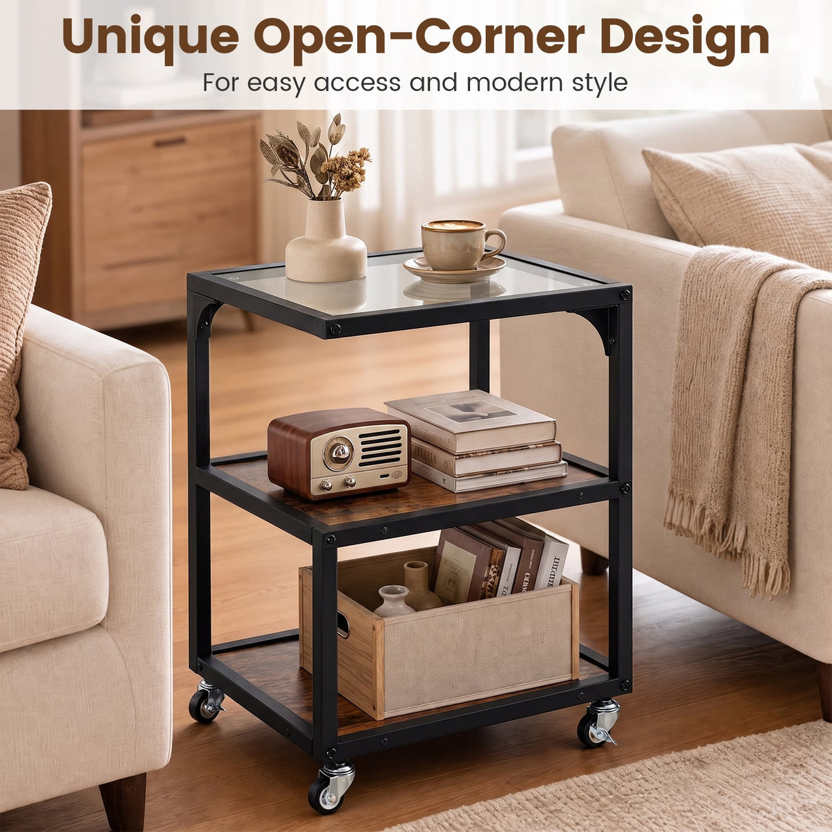 Set of 2 3‑Tier Mobile Side Table with Glass Top Rolling Open‑Corner Table-Rustic Brown