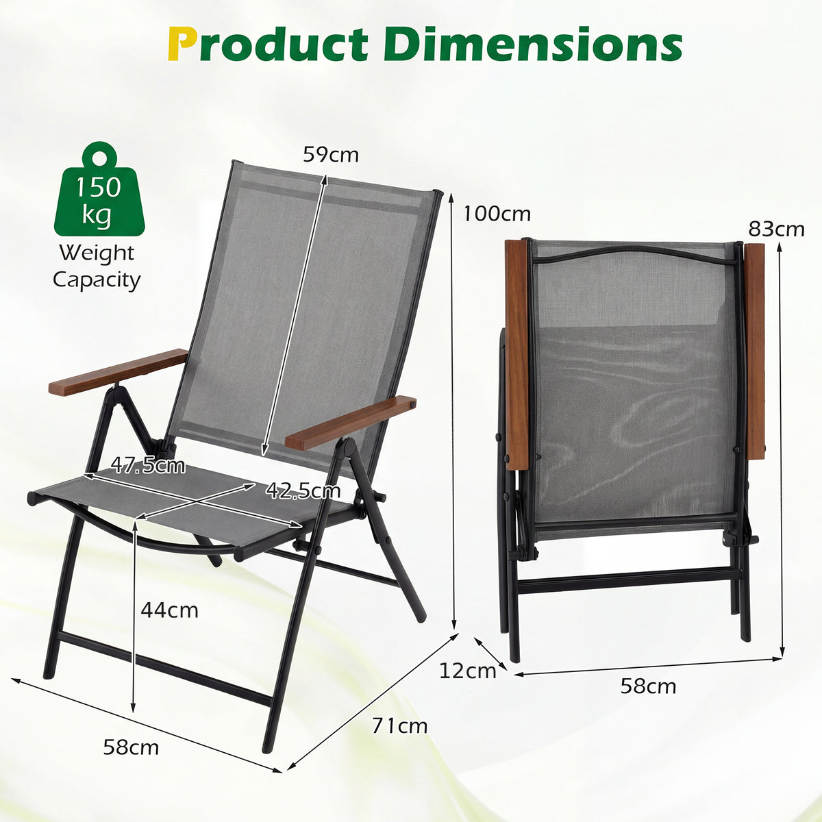 Set of 2/4 Breathable Fabric Folding Patio Chairs with 5-Position Adjustable Backrests-Grey