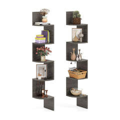Set of 2 5-Tier Corner Shelf units shown side by side with various decorative items on the shelves