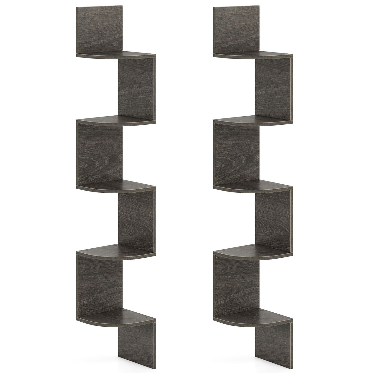 Two grey 5-tier corner shelves mounted on a plain background