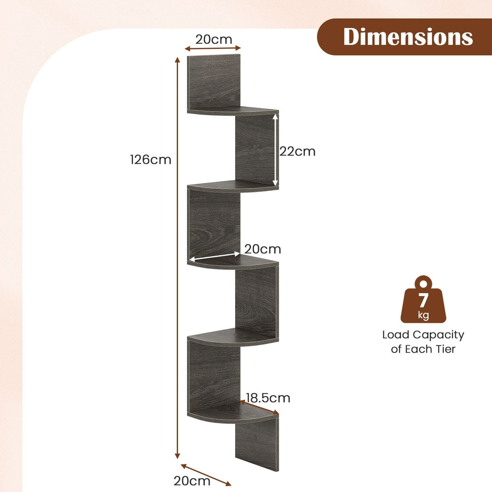 Dimensions of the grey 5-tier corner shelf showing height and tier depth