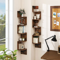 Two rustic brown 5-tier corner shelves in a room setting with decorative items