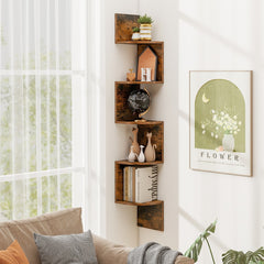 Dimensions diagram for a rustic brown 5-tier corner shelf unit