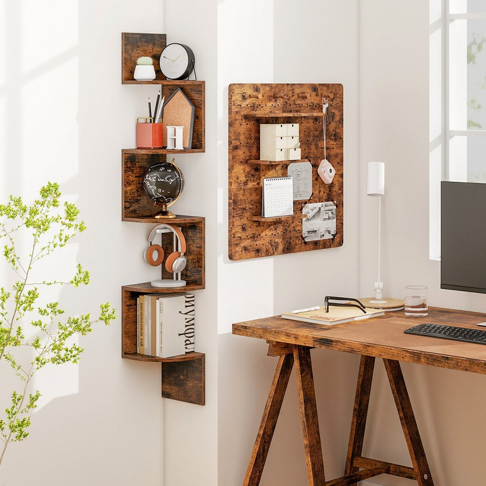 Rustic brown 5-tier corner shelf unit displaying books and ornaments