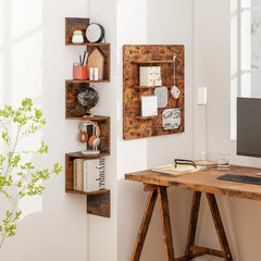 Rustic brown 5-tier corner shelf unit displaying books and ornaments
