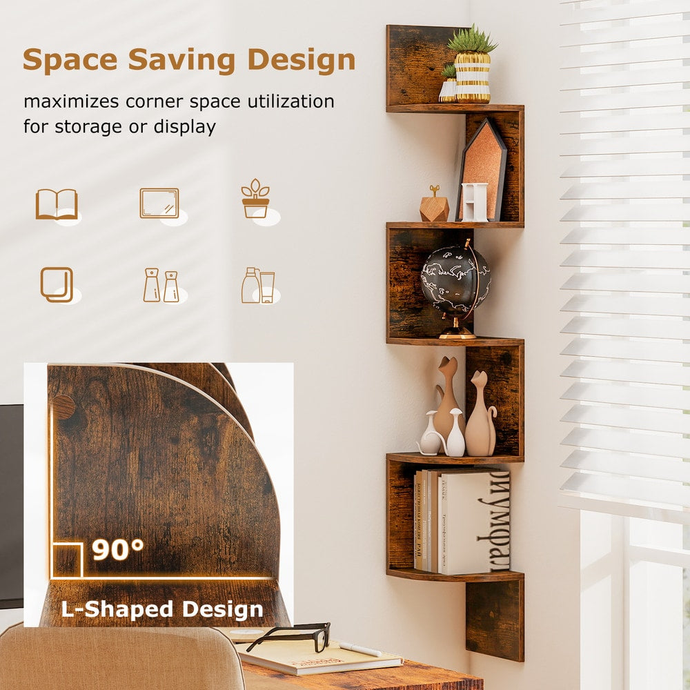 Space saving design of a rustic brown 5-tier corner shelf unit