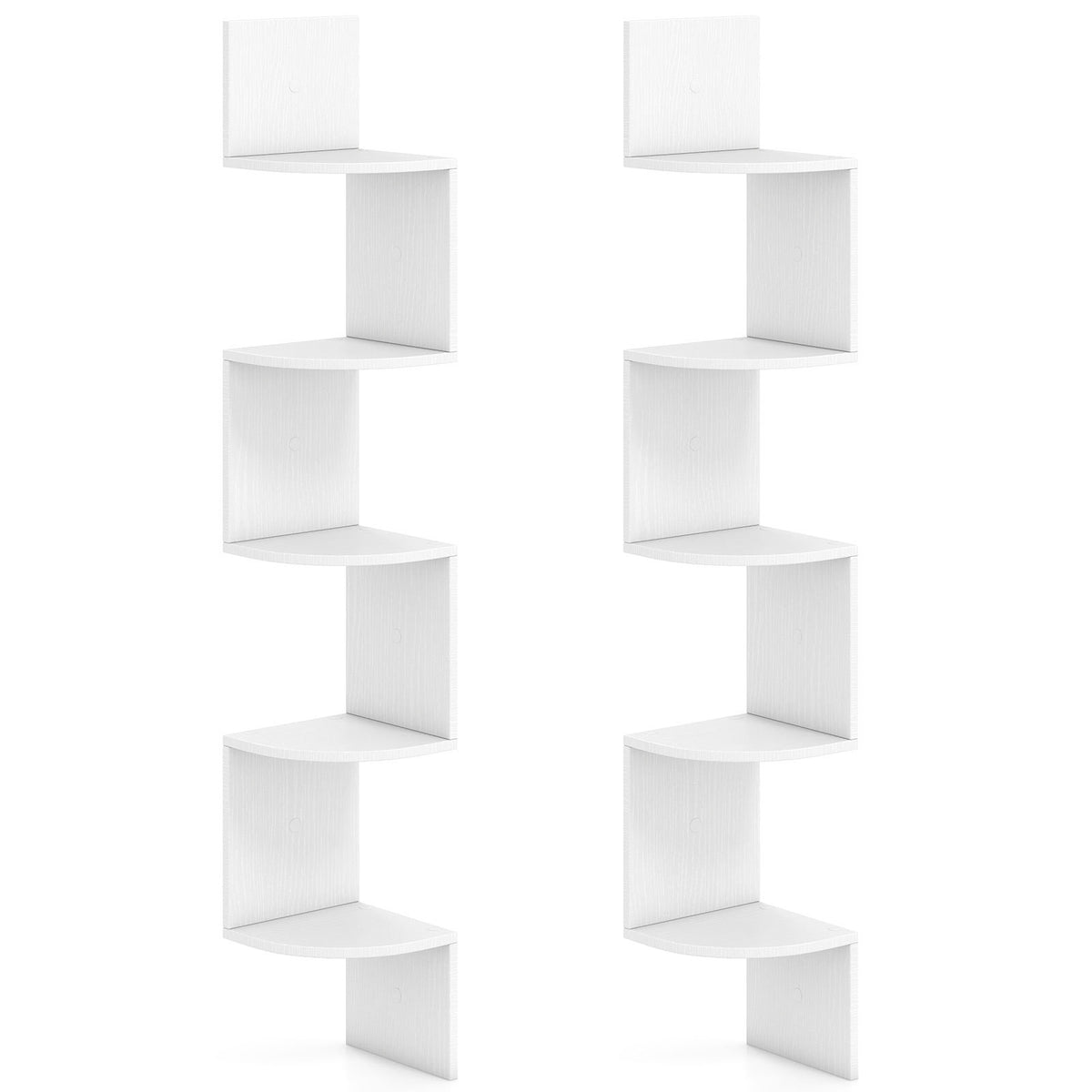 Two white 5-tier corner shelves standing side by side