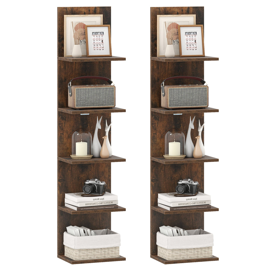 Set of 2 5-Tier Wall Shelves Vertical Floating Storage Shelf Unit-Rustic Brown
