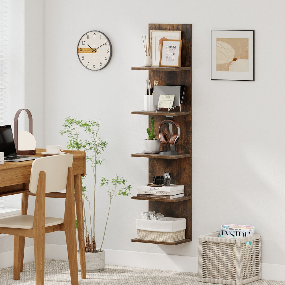 A rustic brown wall shelf unit is shown in a home office setting with a desk and chair