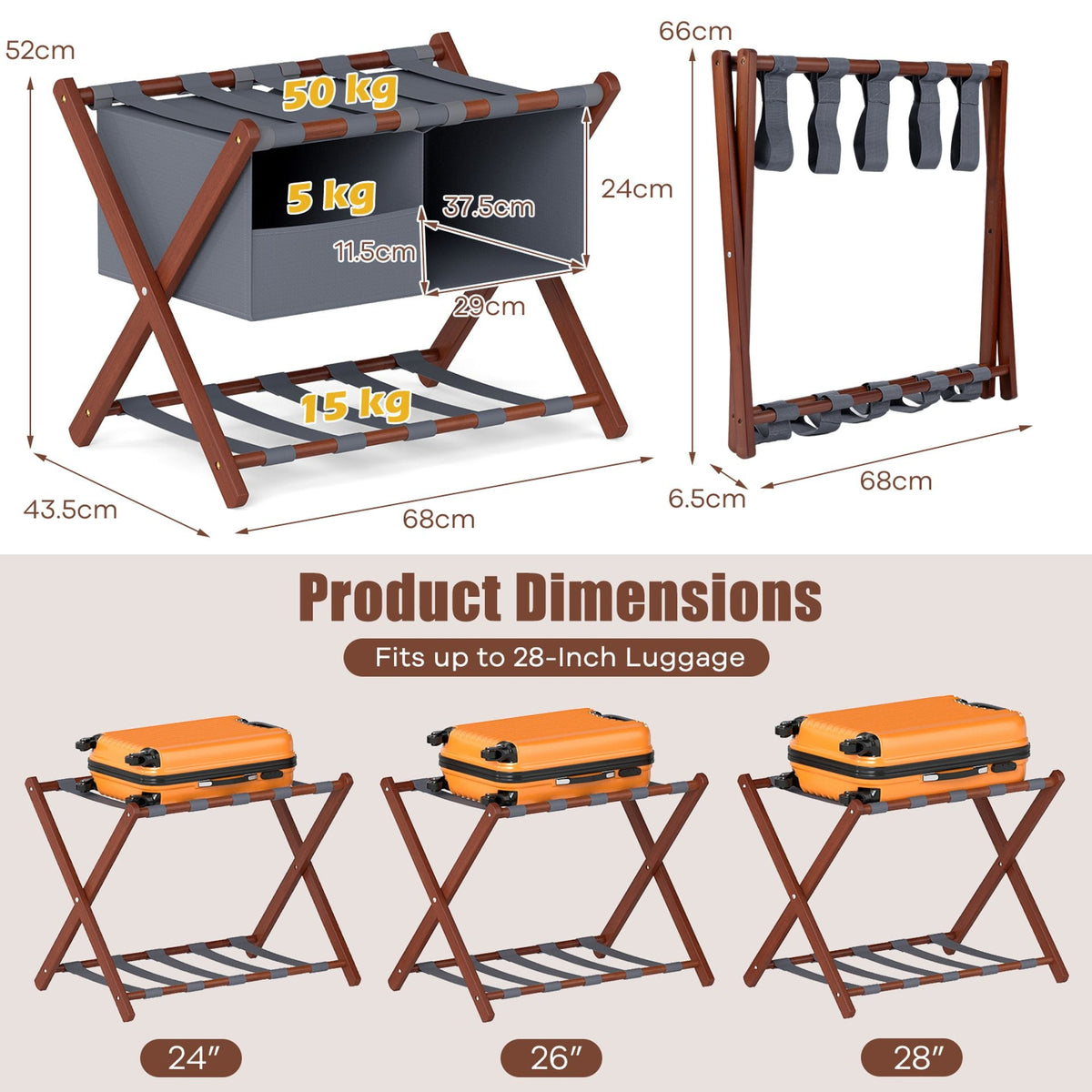 68 cm Foldable Bamboo Luggage Rack