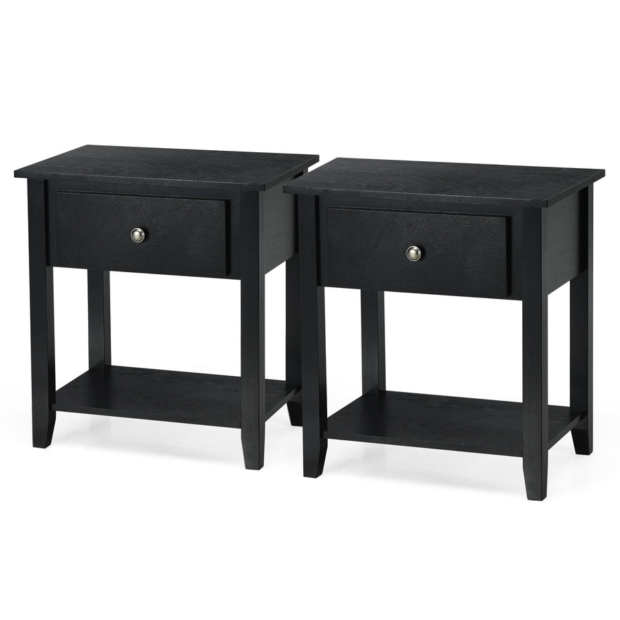 Set of 2 Accent Table Narrow Side End Table with 1 Drawer and Open Storage Shelf-Black