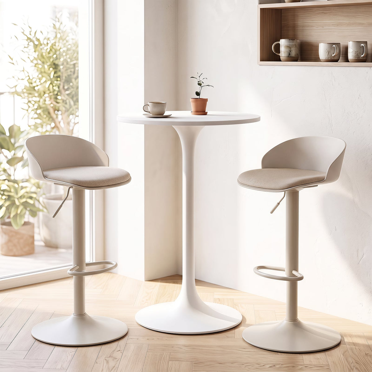 Set of 2 Adjustable Swivel Bar Stools with Back and Footrest Loads 150 KG Each-Beige