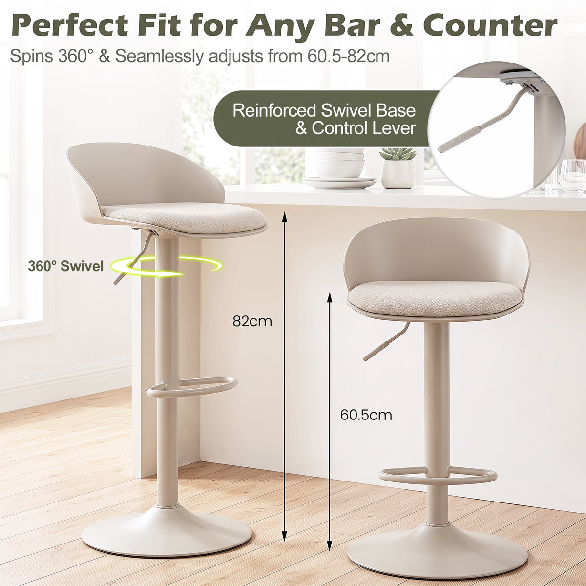 Set of 2 Adjustable Swivel Bar Stools with Back and Footrest Loads 150 KG Each-Beige