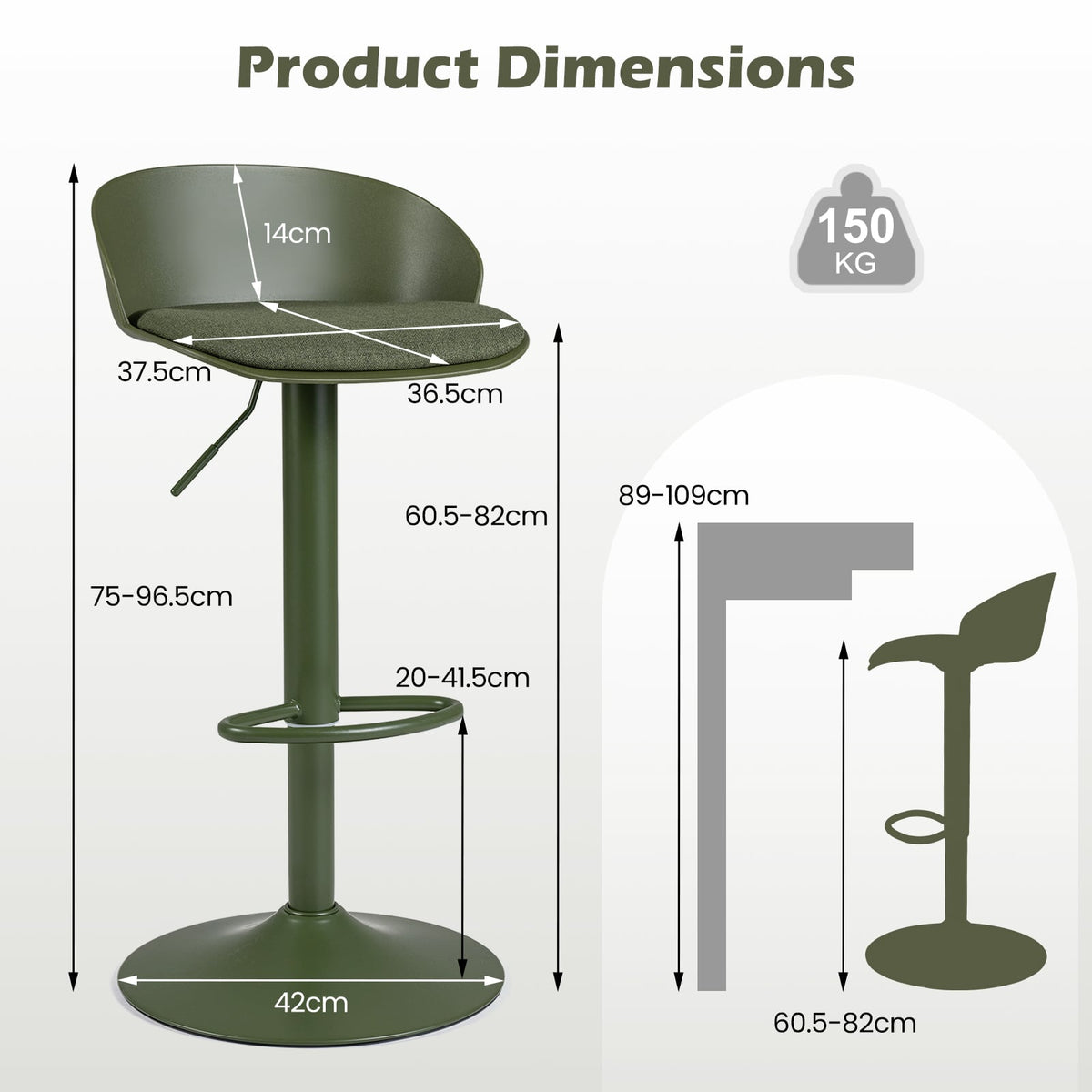 Set of 2 Adjustable Swivel Bar Stools with Back and Footrest Loads 150 KG Each-Green