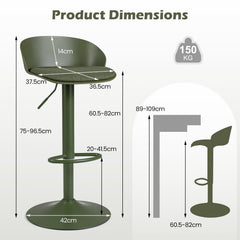Set of 2 Adjustable Swivel Bar Stools with Back and Footrest Loads 150 KG Each-Green