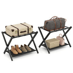 Set of 2 Bamboo Luggage Racks with Nylon Straps and Oxford Cloth Storage Shelves-Black