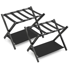 Set of 2 Bamboo Luggage Racks with Nylon Straps and Oxford Cloth Storage Shelves-Black