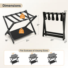 Set of 2 Bamboo Luggage Racks with Nylon Straps and Oxford Cloth Storage Shelves-Black
