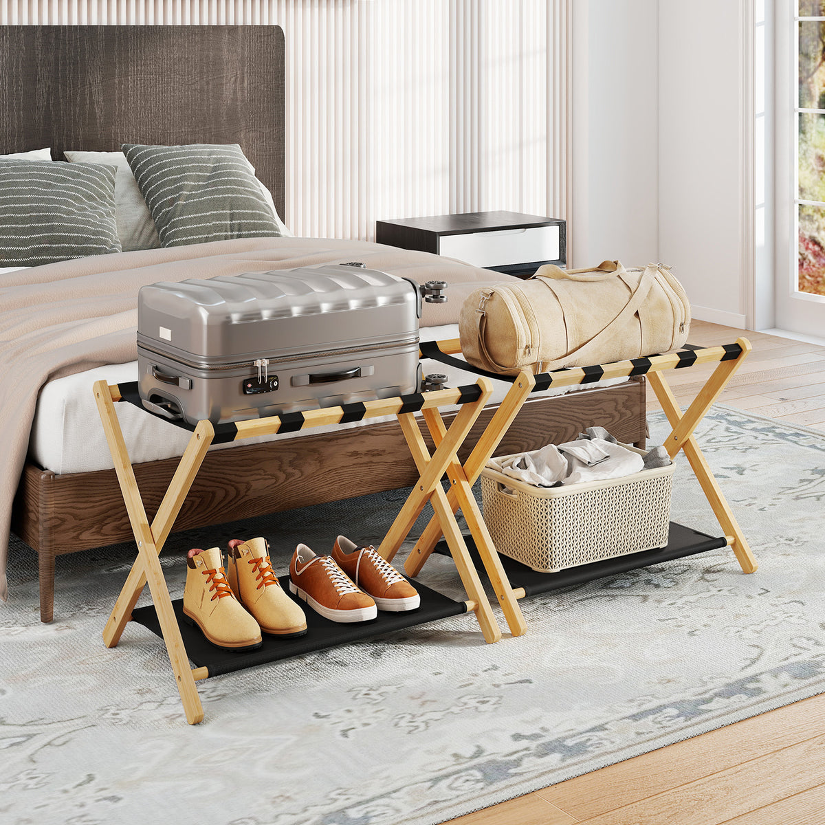 Set of 2 Bamboo Luggage Racks with Nylon Straps and Oxford Cloth Storage Shelves-Natrual