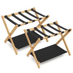 Set of 2 Bamboo Luggage Racks with Nylon Straps and Oxford Cloth Storage Shelves-Natrual