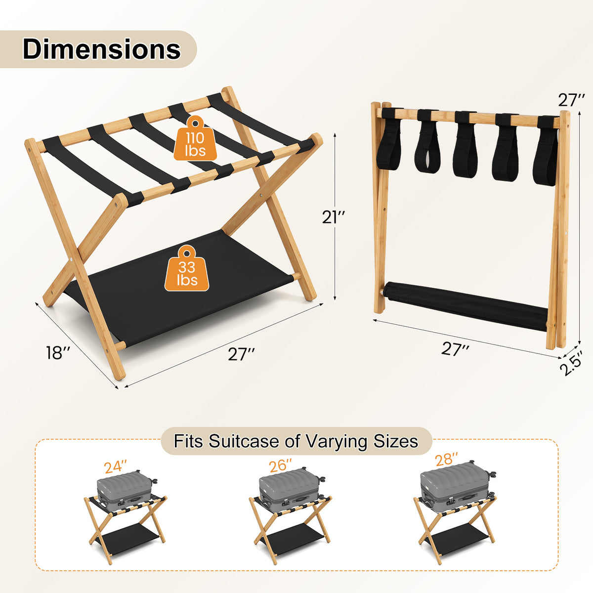 Set of 2 Bamboo Luggage Racks with Nylon Straps and Oxford Cloth Storage Shelves-Natrual