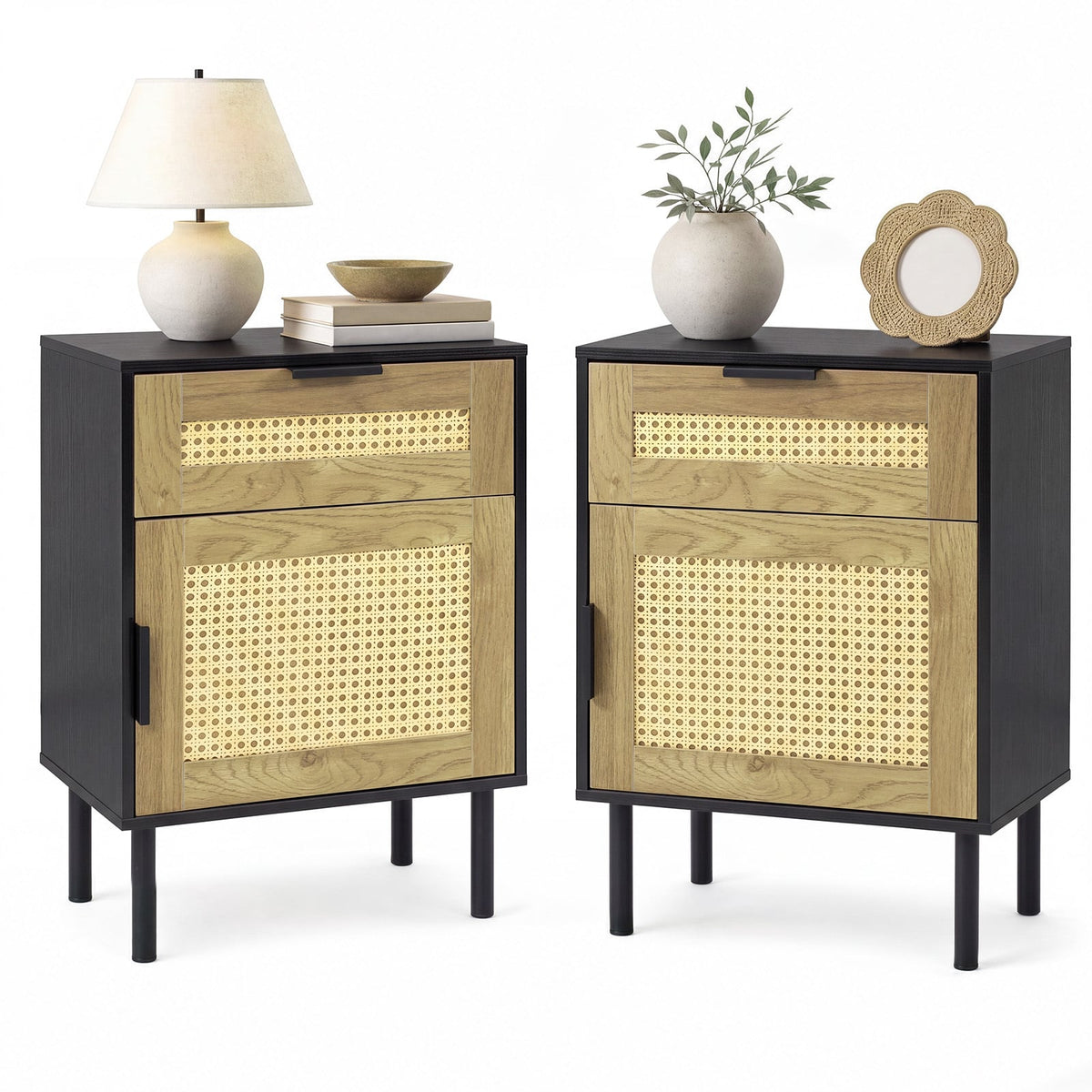 Set of 2 Bedside Table with Rattan-decorated Storage Drawer and Door Metal Legs-Black