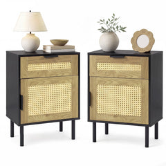 Set of 2 Bedside Table with Rattan-decorated Storage Drawer and Door Metal Legs-Black