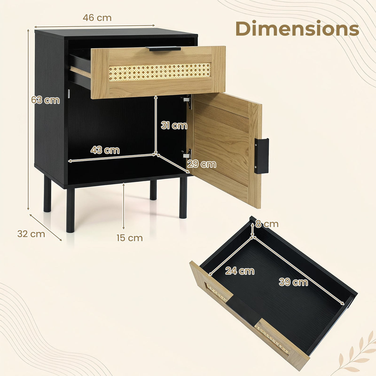 Set of 2 Bedside Table with Rattan-decorated Storage Drawer and Door Metal Legs-Black