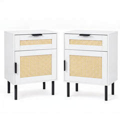 Set of 2 Bedside Table with Rattan-decorated Storage Drawer and Door Metal Legs-White