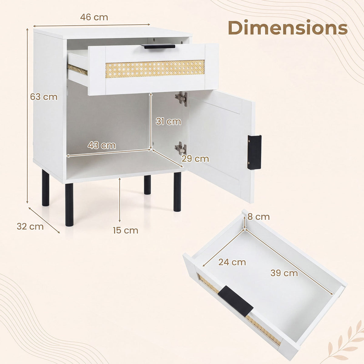 Set of 2 Bedside Table with Rattan-decorated Storage Drawer and Door Metal Legs-White
