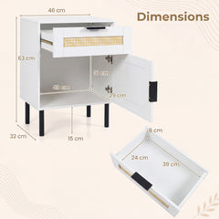 Set of 2 Bedside Table with Rattan-decorated Storage Drawer and Door Metal Legs-White