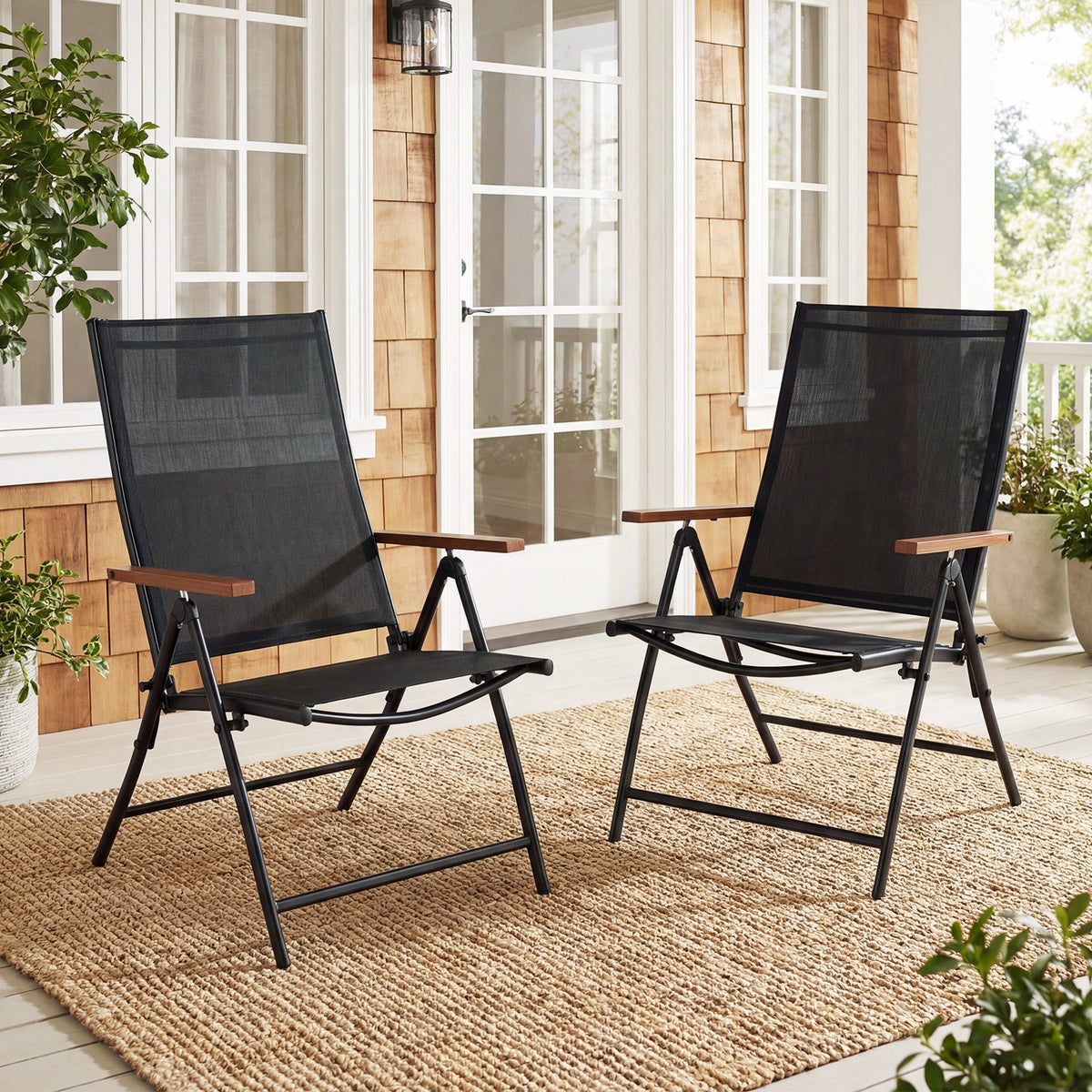 Set of 2 Breathable Fabric Folding Patio Chairs with 5-Position Adjustable Backrests-Black
