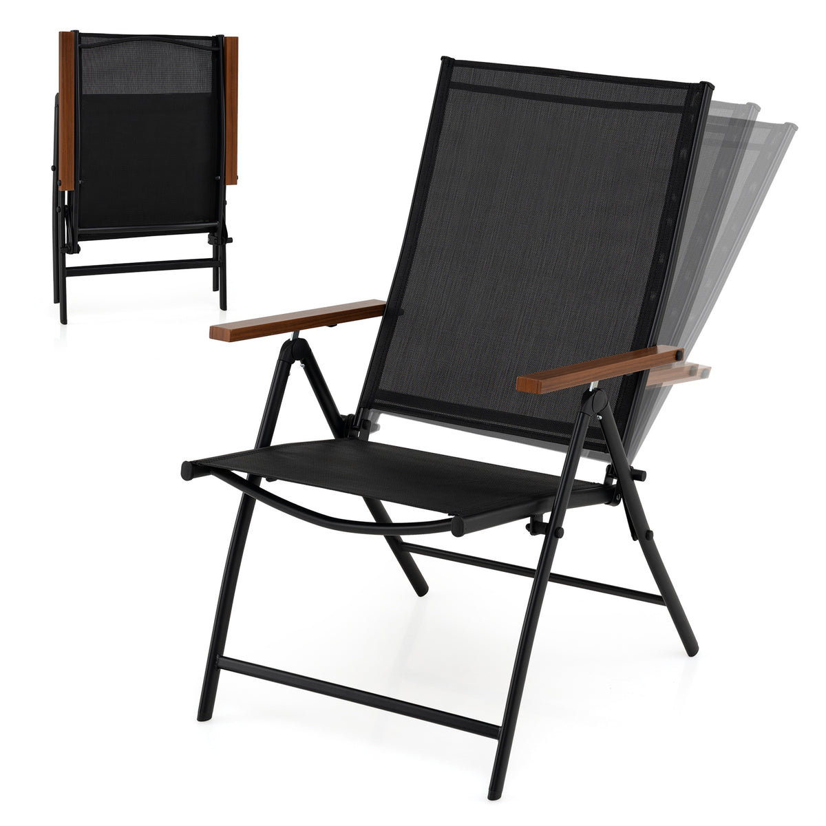Set of 2 Breathable Fabric Folding Patio Chairs with 5-Position Adjustable Backrests-Black
