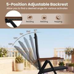 Set of 2 Breathable Fabric Folding Patio Chairs with 5-Position Adjustable Backrests-Black