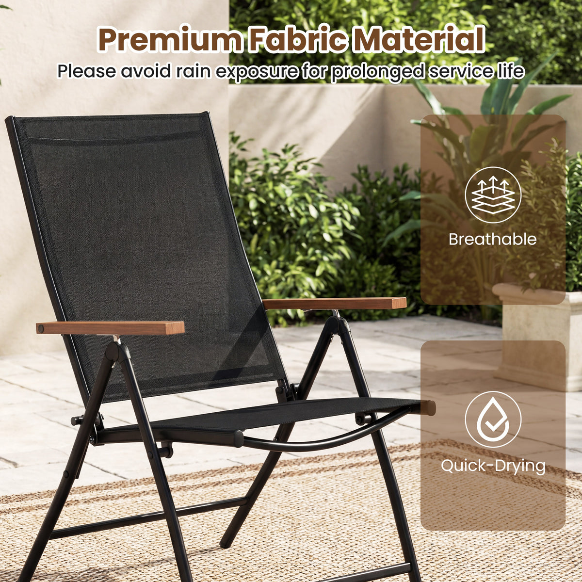 Set of 2 Breathable Fabric Folding Patio Chairs with 5-Position Adjustable Backrests-Black