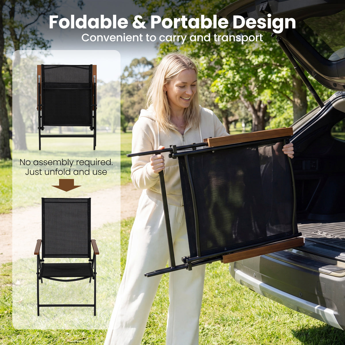 Set of 2 Breathable Fabric Folding Patio Chairs with 5-Position Adjustable Backrests-Black