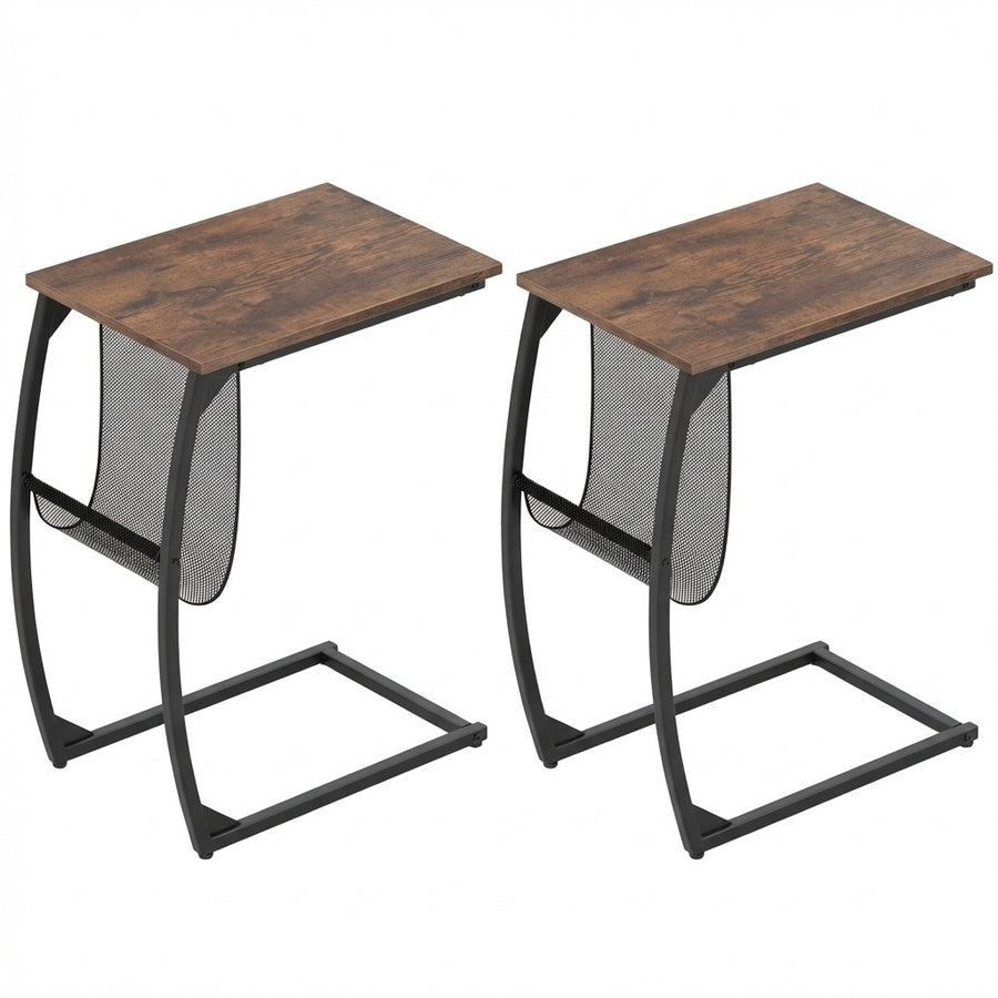 Set of 2 C-Shaped Compact Sofa Side Snack Table for Small Space-Brown