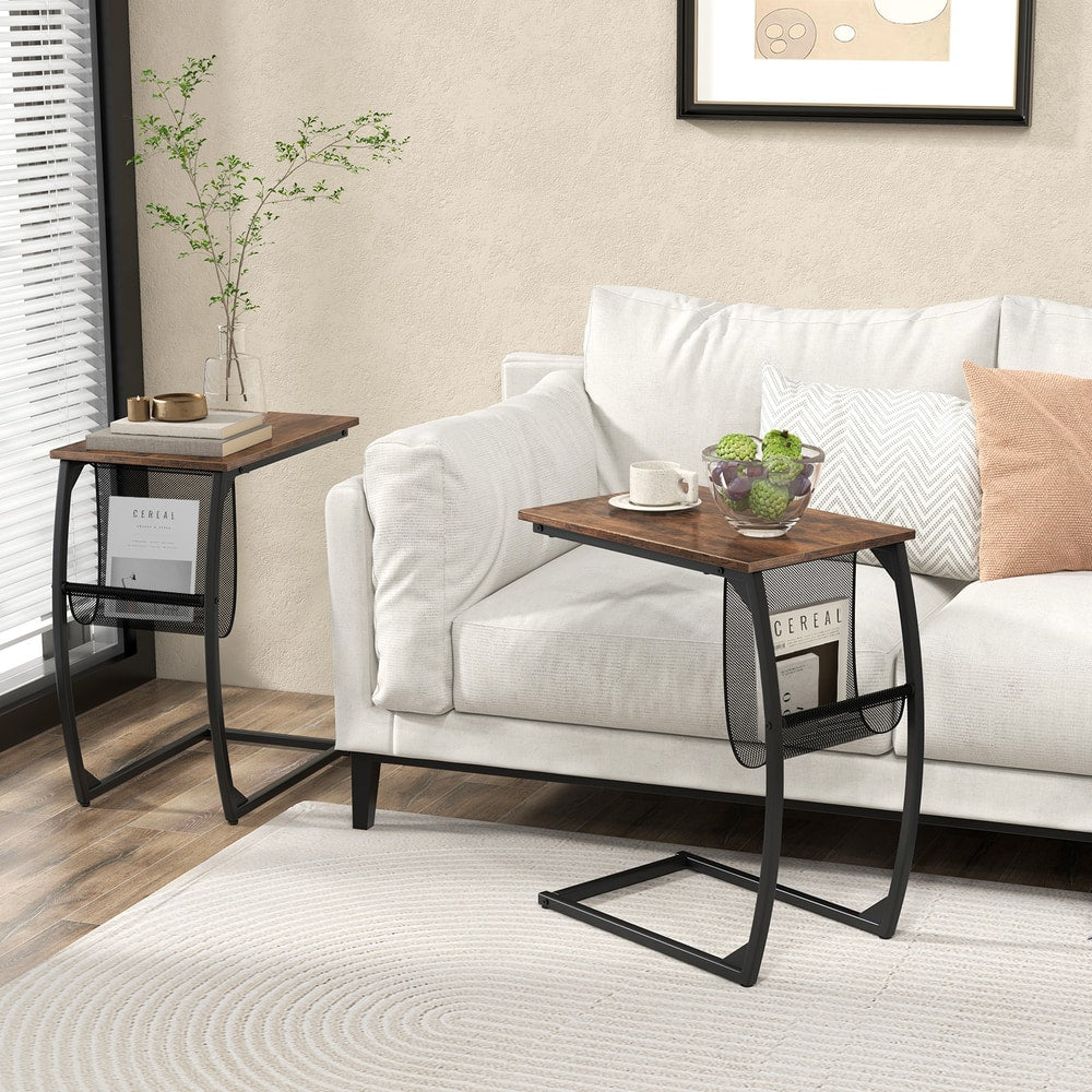 Two compact sofa side snack tables in a living room setting